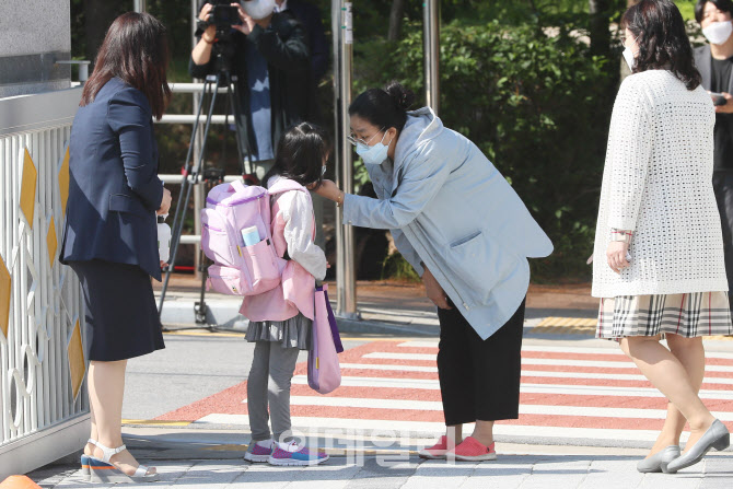 [포토]엄마와 인사하는 초등학교 학생