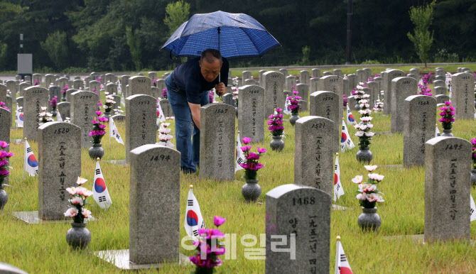 [포토]6.25 하루 앞두고 장마 속 서울현충원 찾은 유족들