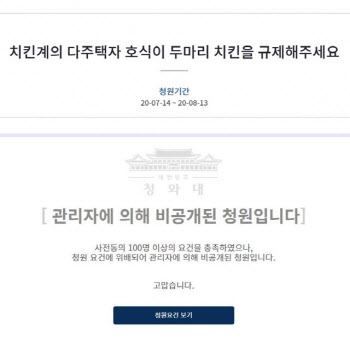 "1인 2치킨 규제하라" 부동산 풍자 청원 하루 만에 비공개 전환