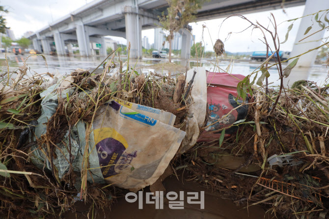 [포토]수위 낮아지자 들어난 한강둔치공원 쓰레기들