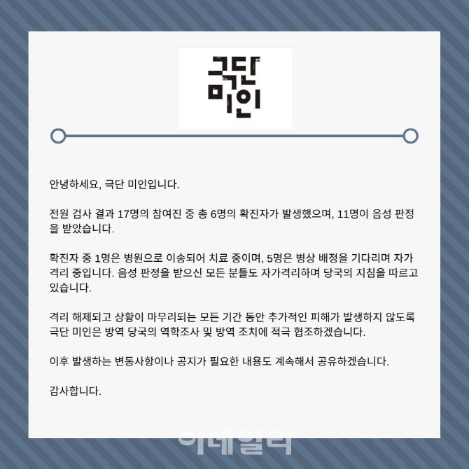극단 미인 연극 '와이바이' 참여진 6명 확진·11명 음성