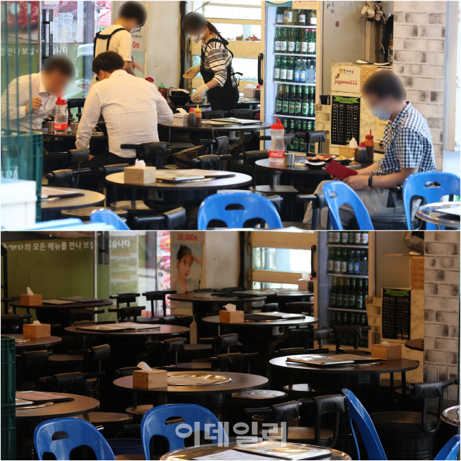 [포토]사회적 거리두기 0.5단계로 확 달라진 식당 분위기