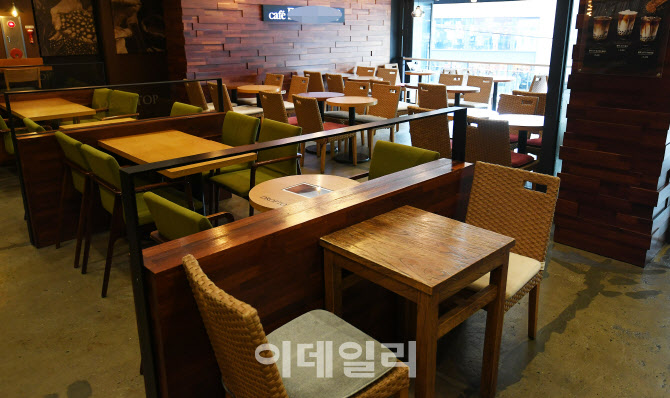 [포토]거리 두기 하향조정 첫 날, 아직은 한산한 프랜차이즈 카페