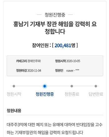 `대주주 3억` 거센 반발…`홍남기 해임` 靑청원 20만 넘겨