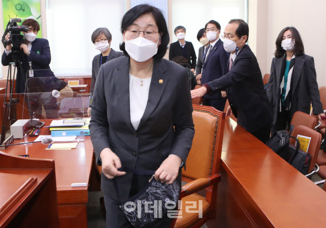 [포토]여가위 정회, '회의장 나서는 이정옥 장관'