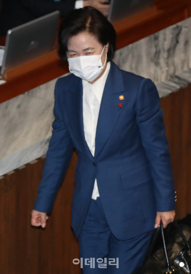 [포토]공수처법 개정안 통과, '본회의장 나서는 추미애 장관'