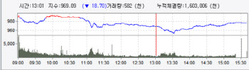 기관 매도에 이틀째 하락…970선대