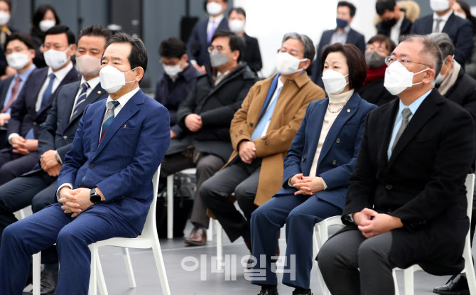 [포토]설명 듣는 정세균 총리-정의선 회장