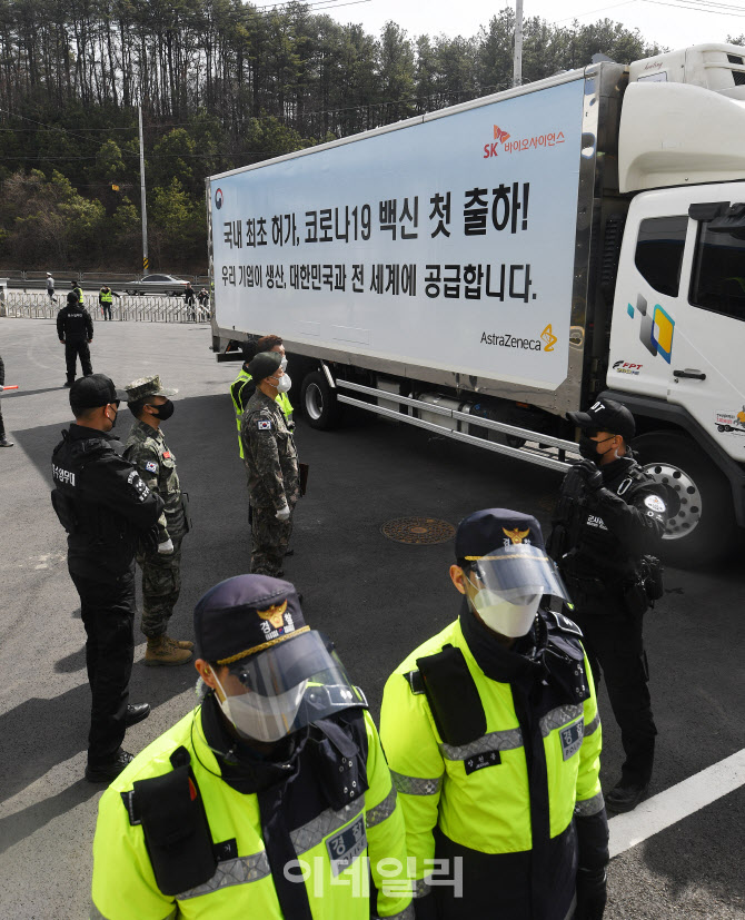 [포토]삼엄한 경호 받는 코로나 백신 수송 차량