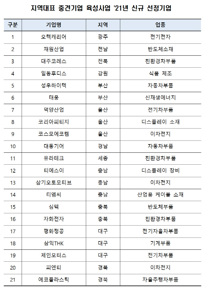 지역산업 이끌 '앵커기업' 육성…지역대표 중견기업 21개 선정