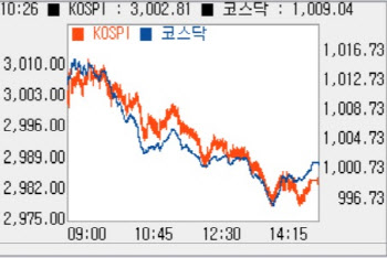 개인·외인 동반 매도에 이틀째 하락, '1000선' 턱걸이