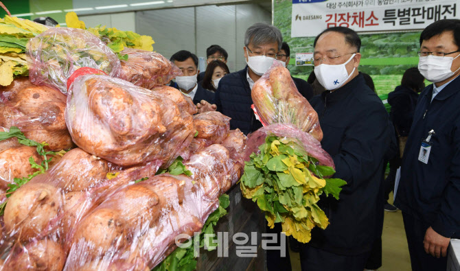 [포토] 김장채소 살펴보는 홍남기 부총리