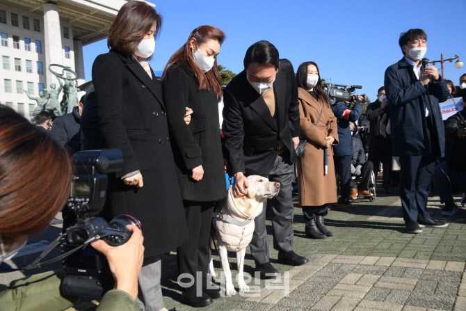 [포토]김예지 의원 안내견 쓰다듬는 윤석열 국민의힘 대선 후보