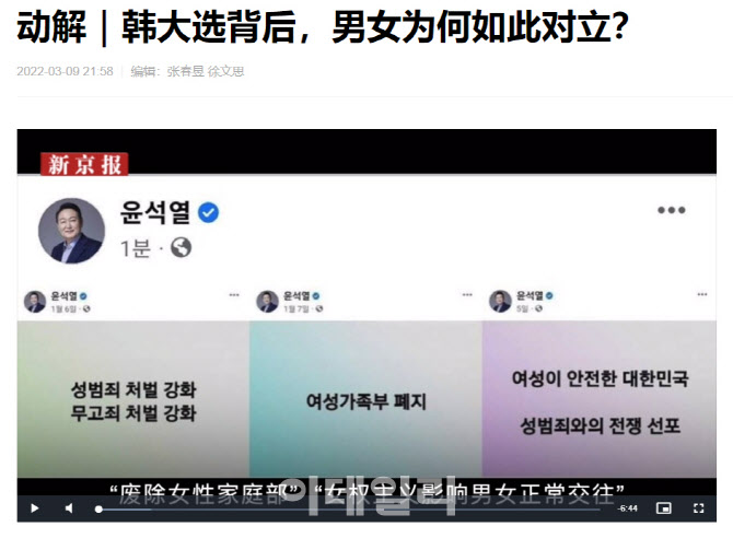 중국 매체 “한국대선, 그 뒤엔 ‘젠더 전쟁’…갈등 부추겨"