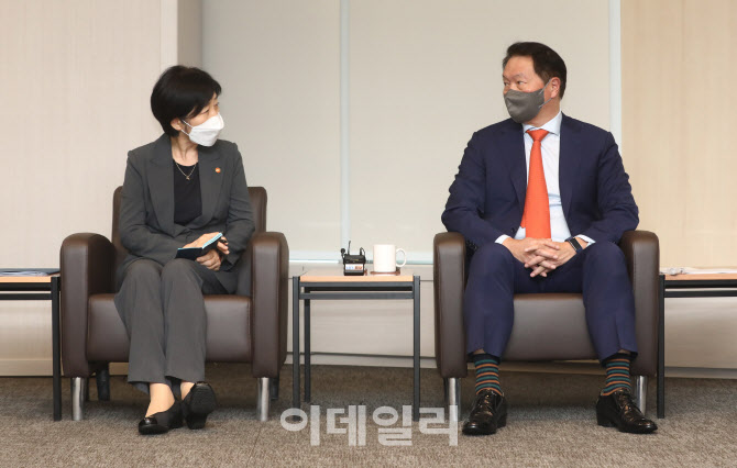[포토]대화하는 한화진 장관-최태원 회장