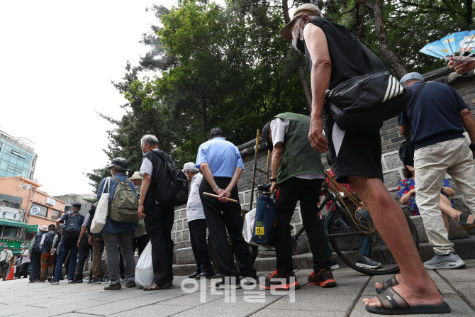 [포토]폭염 속 무료급식소 앞 긴 줄