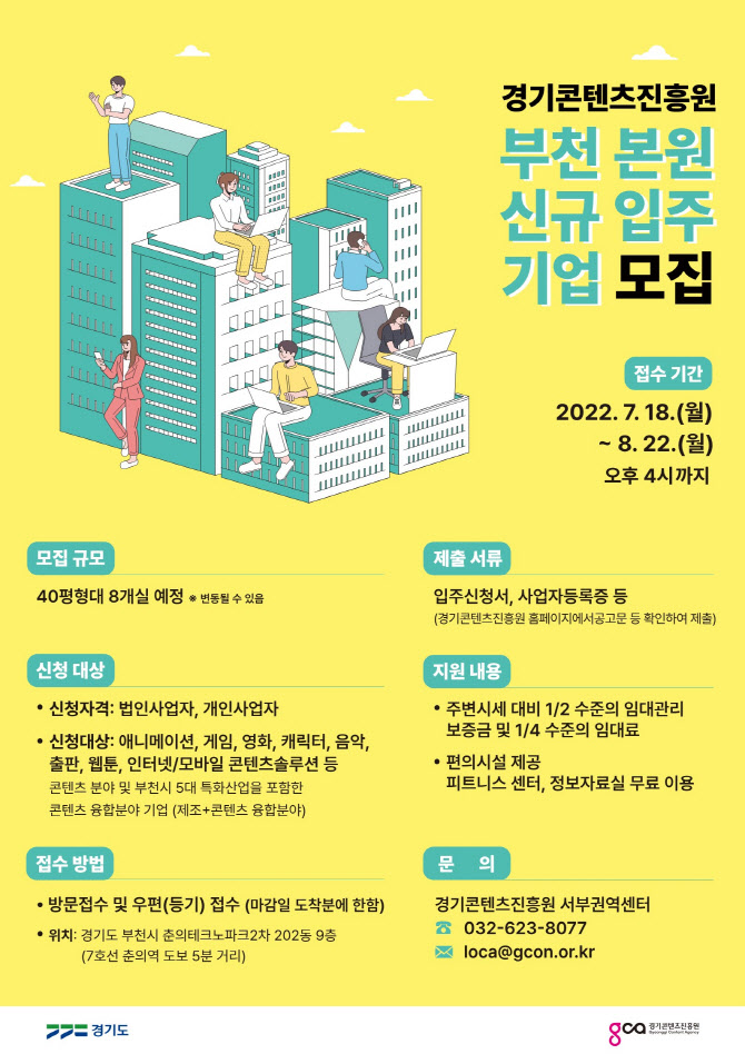 경기콘텐츠진흥원, ‘22년 하반기 부천 신규입주기업 모집