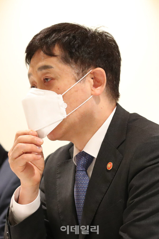 [포토]마스크 고쳐쓰는 김주현 금융위원장