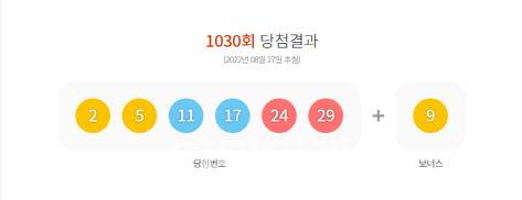 1030회 로또 1등 ‘2·5·11·17·24·29’…보너스 번호 '9’(종합)