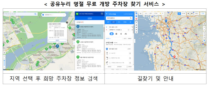 추석 연휴 '공유누리'서 '무료 개방 공공주차장 정보' 이용