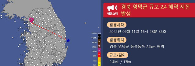 경북 영덕군 인근 해역서 규모 2.4 지진