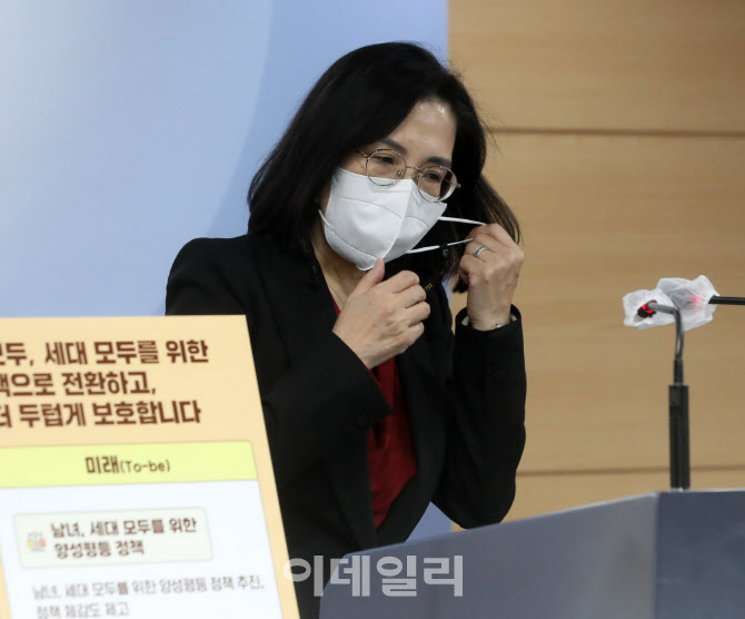[포토] 마스크 벗는 김현숙 여성가족부 장관
