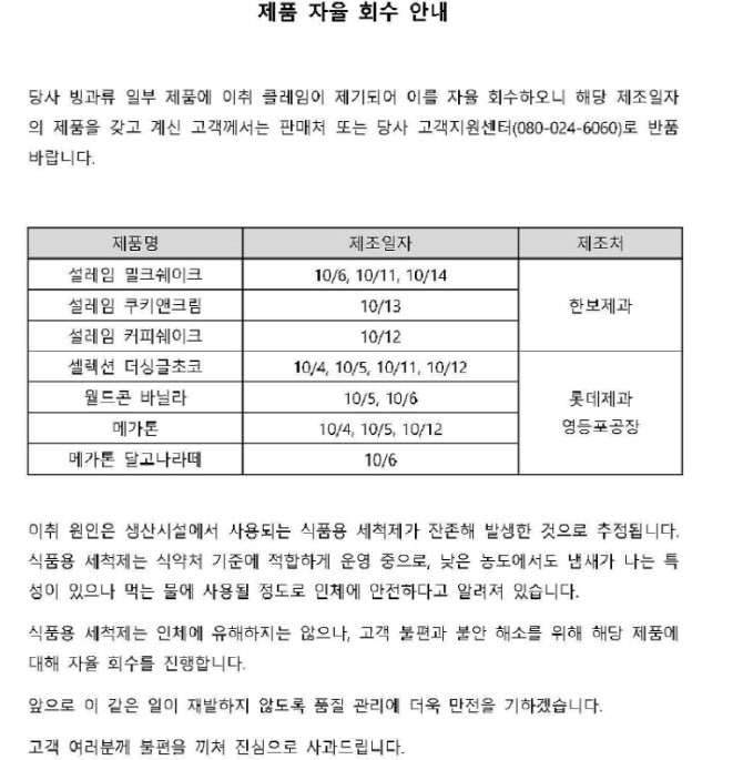 "아이스크림서 이취"…롯데제과, 설레임·월드콘 등 자율 회수