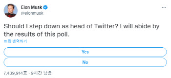 머스크, 트위터 CEO 사임 여부 찬반투표…"결과 따를 것"