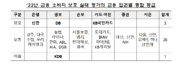 신한銀·KB카드·DB생명 소비자보호 '양호'…KDB생명 '미흡'