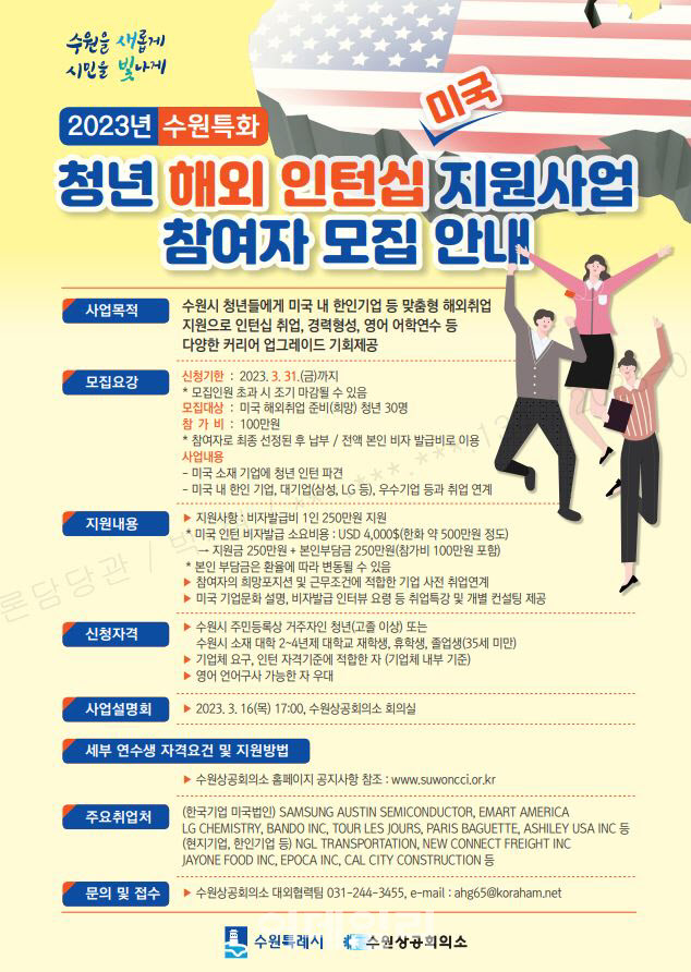 수원특례시, 미국 인턴십 지원사업 참가 청년 모집