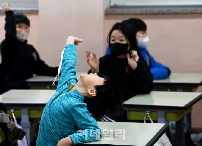 [포토]교실에서 마스크를 벗고 손 드는 학생
