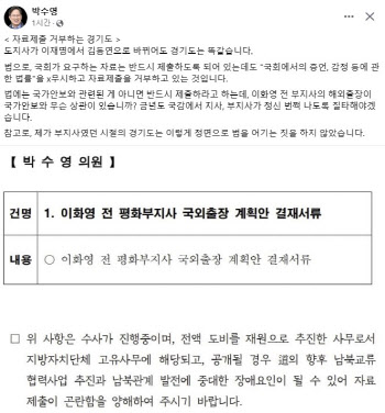이화영 출장내역 공개거부한 경기도, 박수영 "국회법 x무시한 것"