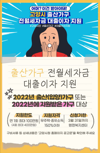 고양시, 무주택 출산가구 전·월세자금 대출이자 지원