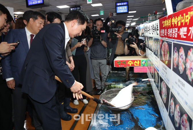 [포토]'광어 들어보는 김기현 대표'