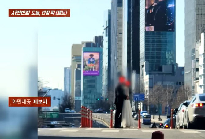 도로 위 입맞춤…강남 한복판에서 ‘결혼 사진’ 찍은 커플 “왜 하필 여기서?”
