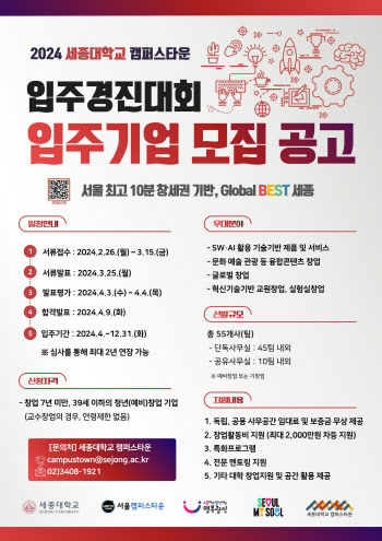 세종대 '2024 입주경진대회' 개최…"캠퍼스 내 입주기업 모집"