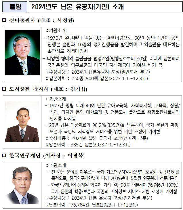 납본 유공자에 신아출판사·창지사·한국연구재단