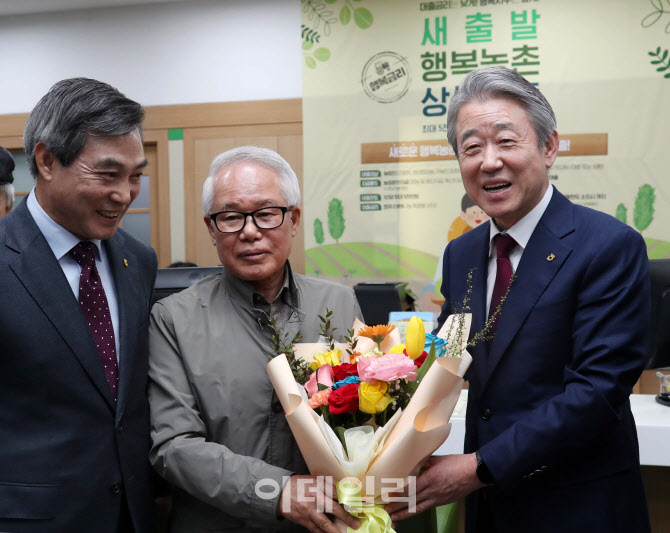 [포토] '새출발 행복농촌 상생대출' 축하하는 강호동 농협회장