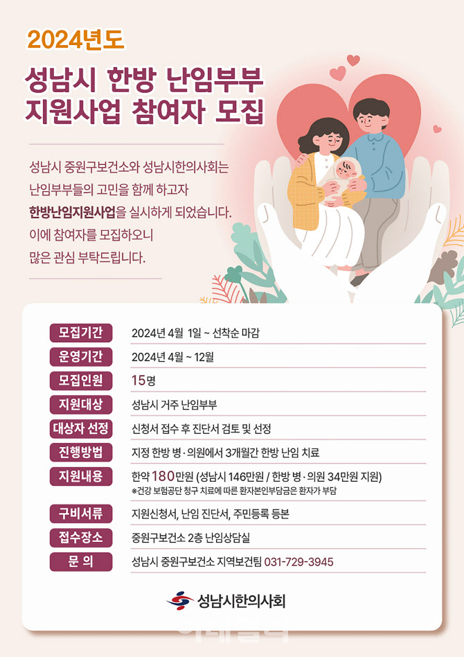 성남시·성남한의사회, 난임 부부에 한방 치료비 180만원 지원