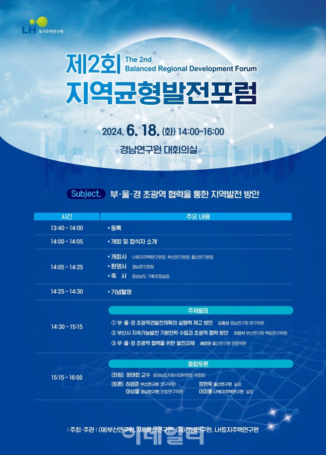 LH, 18일 지역균형발전포럼 개최…부·울·경 협력 방안 모색