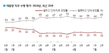 尹대통령 지지율 25%…20%대 제자리걸음 계속[한국갤럽]