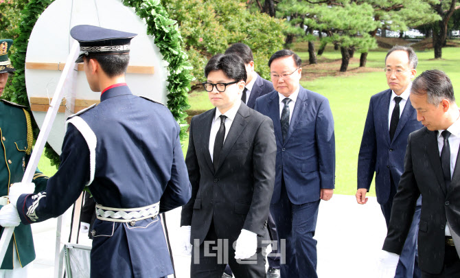 [포토]충혼탑에 헌화하는 한동훈 당대표와 국민의힘 신임 지도부