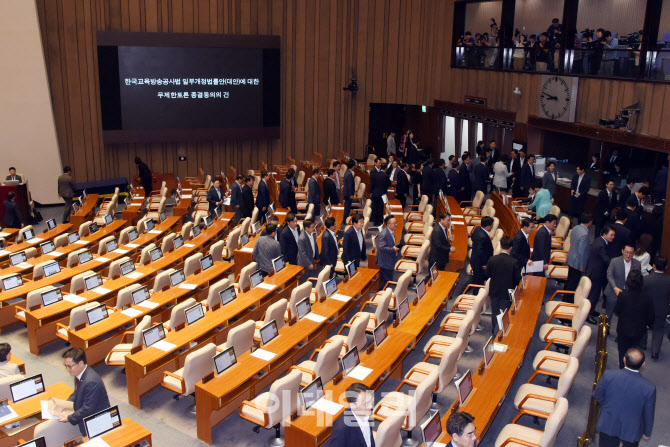 [포토]한국교육방송공사법 일부개정법률안 표결에 퇴장하는 국민의힘 의원들