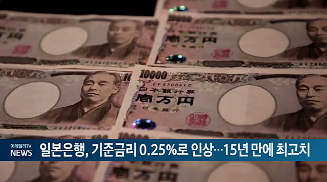 일본은행, 기준금리 0.25%로 인상...15년 만에 최고치