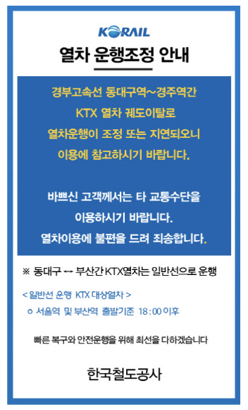 KTX 열차, 고모역 부근서 궤도 이탈…동대구∼부산 103분 지연