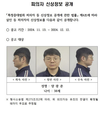 '시신 훼손' 유기 군 장교는 38세 양광준…머그샷도 공개