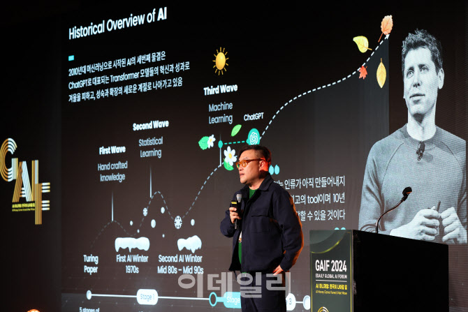 [포토]정우진 KT컨설팅그룹장, 'AI 협업'에 대해 발표