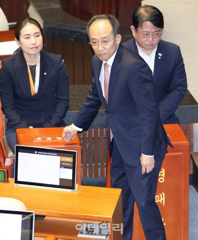 [포토]대통령(윤석열) 탄핵소추안 표결, '투표하는 추경호'