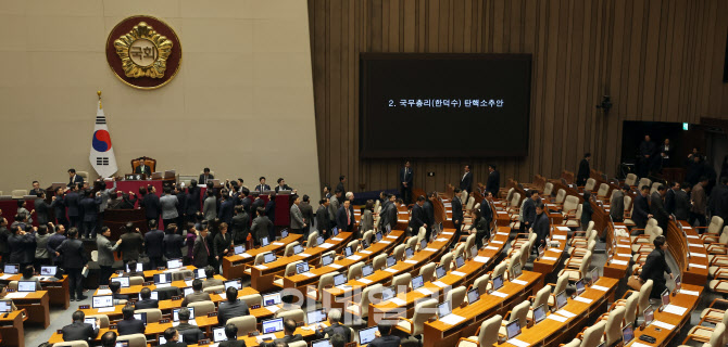 [포토]韓 대통령 권한대행 국무총리 탄핵안 투표 완료되자 퇴장하는 국민의힘