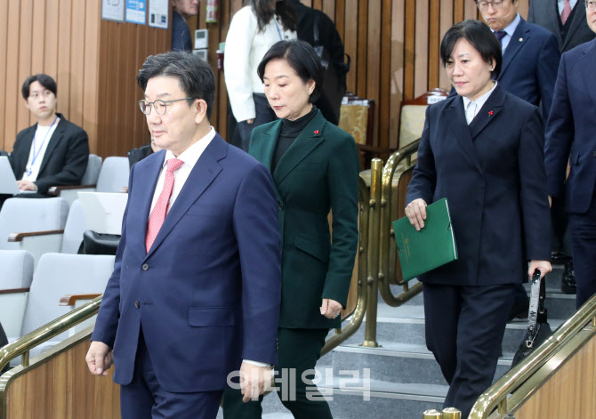 [포토]설 성수품 가격안정 및 소비진작을 위한 당정협의회 입장하는 권성동-오영주-송미령